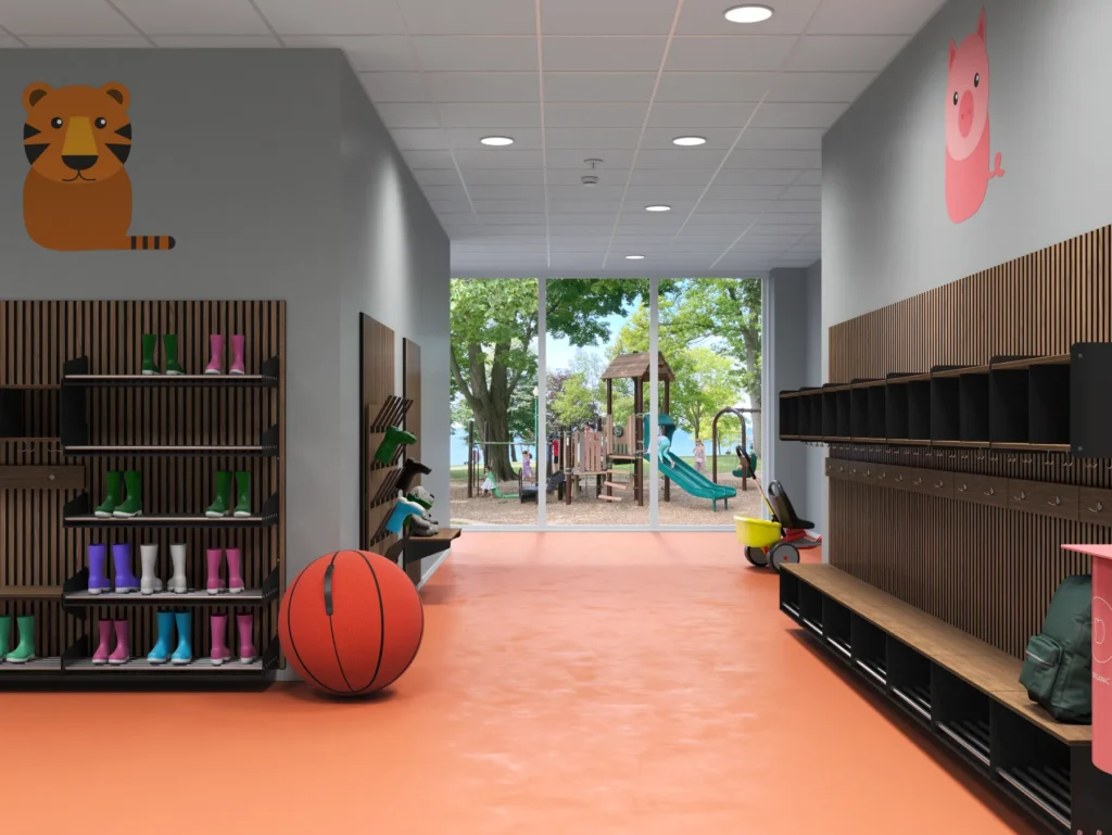 SAGA Stövelvägg är en platsbesparande kapprumslösning för förskola och skola.